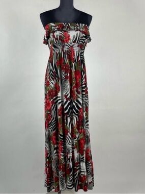 Strapless Red Floral Zebra-Print Maxi Dress
